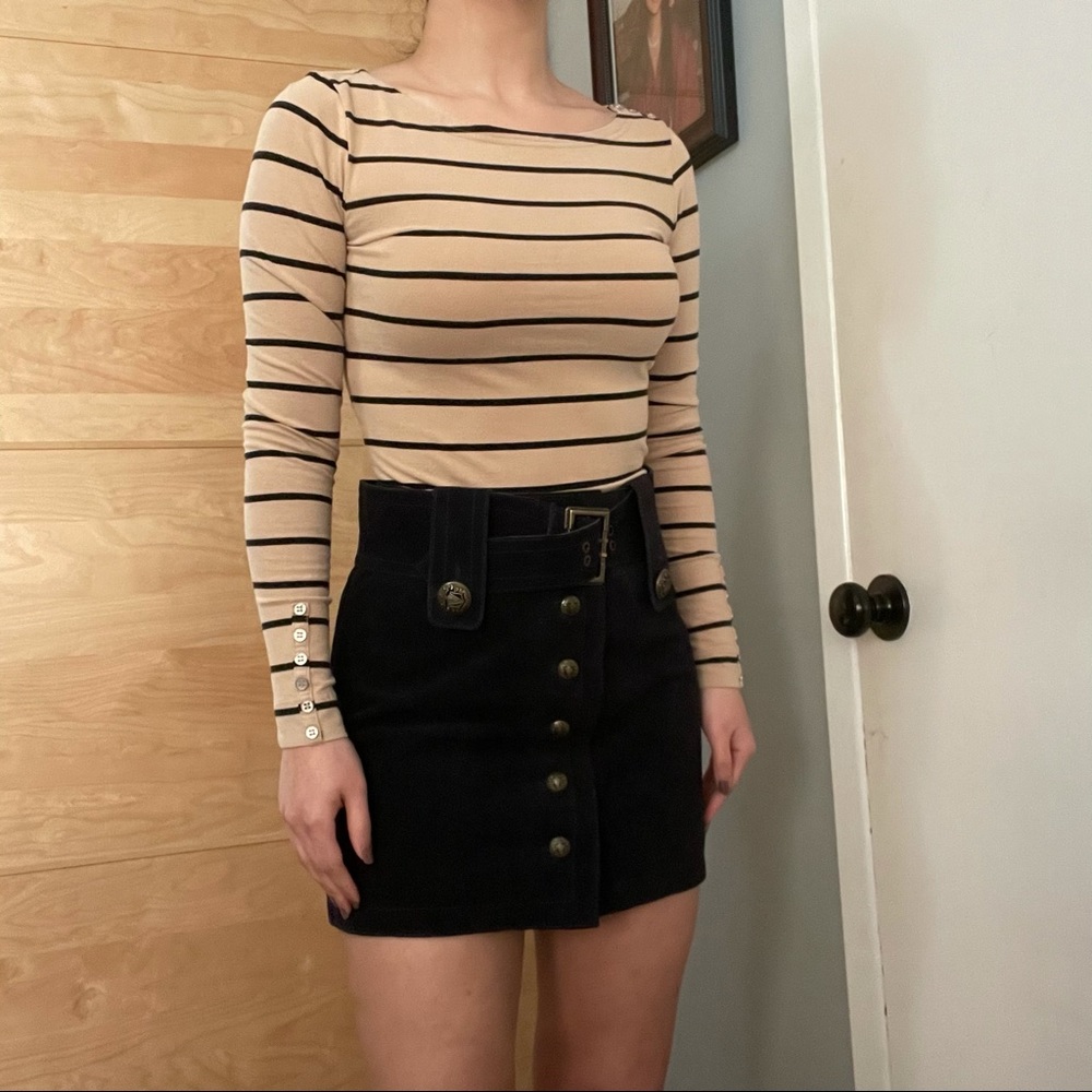H&M Striped Wide Neck Long Sleeve Button Top neutral nude black